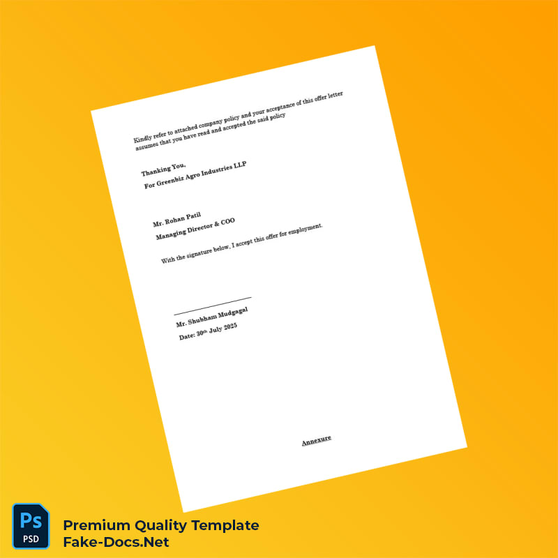 India Greenbiz Agro Industries LLP Offer Letter Template (Word & PDF) 4 page India Greenbiz Agro Industries LLP Offer Letter Template (Word & PDF) 4 page