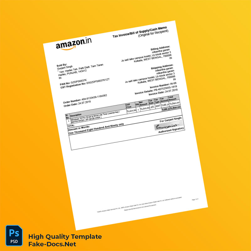 India Gurjant Singh Invoice Template in Word and PDF formats India Gurjant Singh Invoice Template in Word and PDF formats