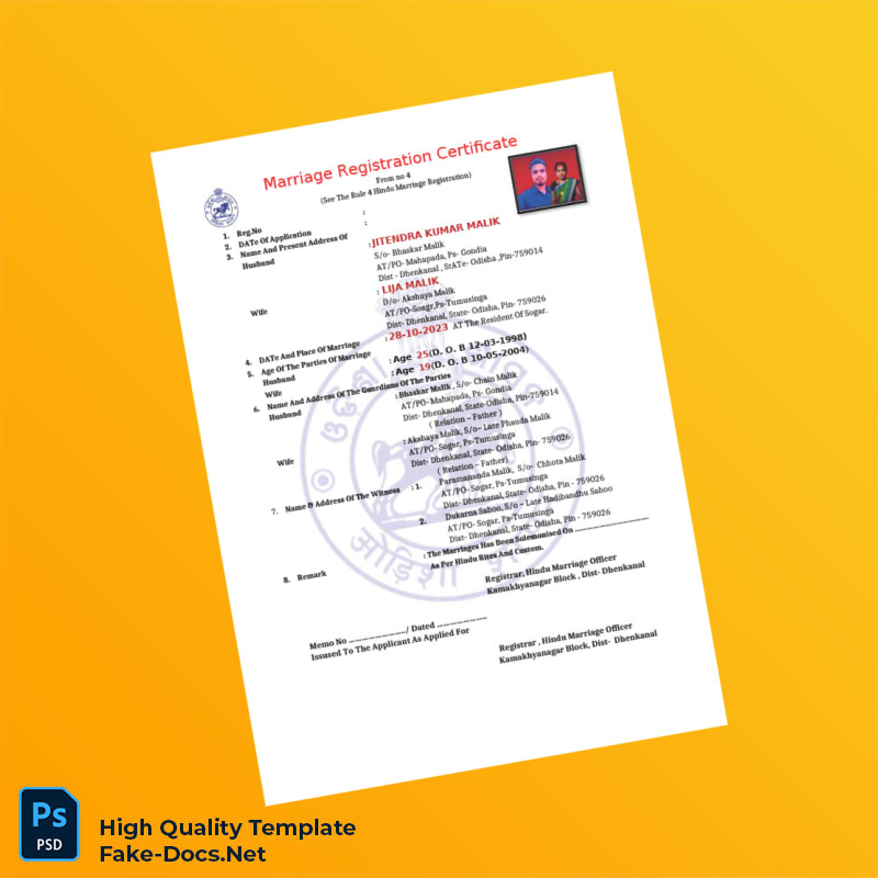 India Hindu Marriage Registration Certificate Template in Word and PDF formats 2 page India Hindu Marriage Registration Certificate Template in Word and PDF formats 2 page