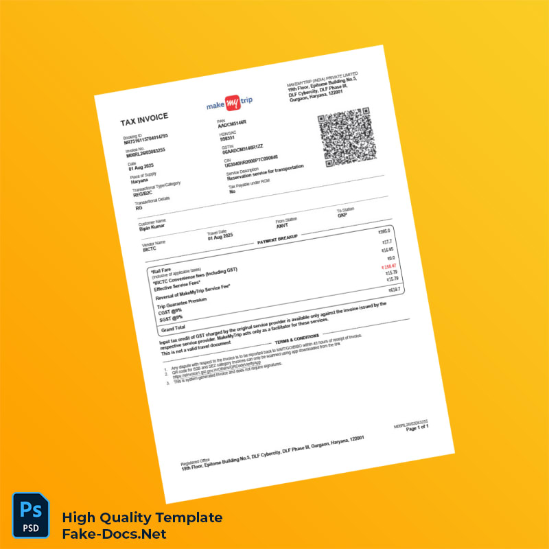 India IRCTC Invoice Template in Word and PDF formats India IRCTC Invoice Template in Word and PDF formats