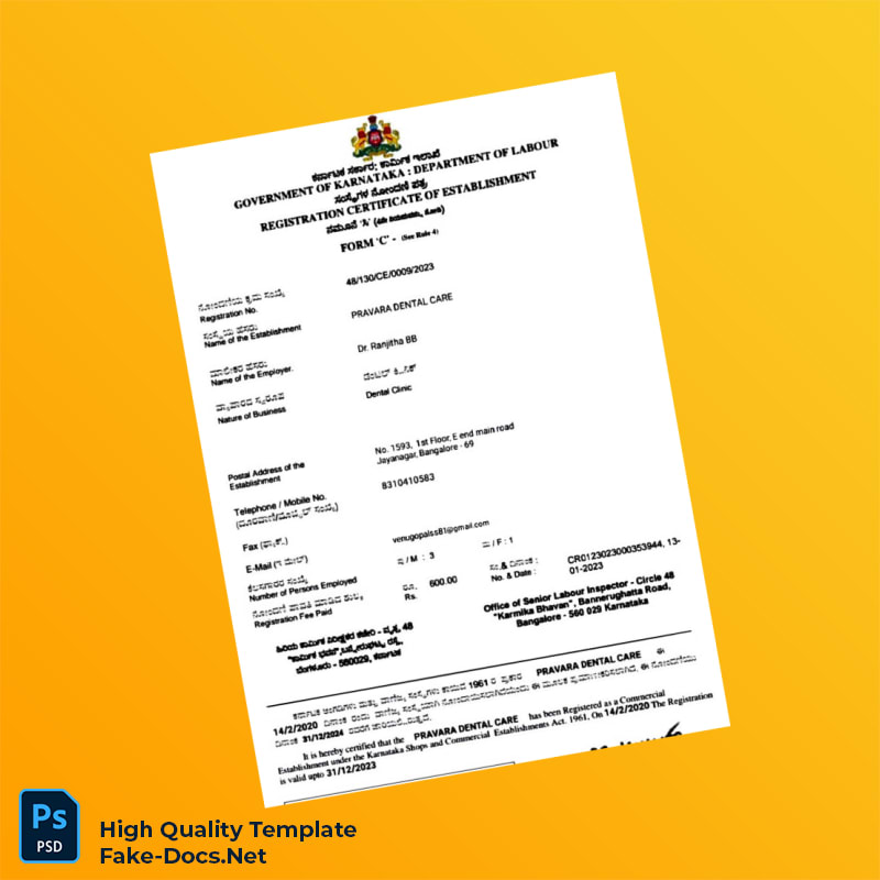 India Karnataka Commercial Registration Certificate Template in Word and PDF formats India Karnataka Commercial Registration Certificate Template in Word and PDF formats