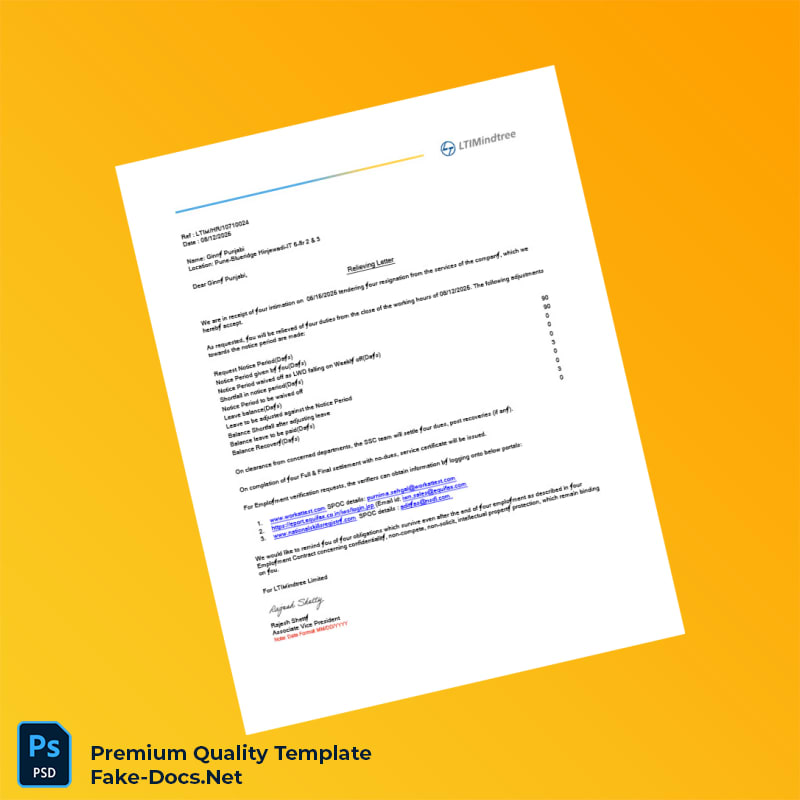 India LTI Mindtree Relieving Letter Template (Word & PDF) India LTI Mindtree Relieving Letter Template (Word & PDF)