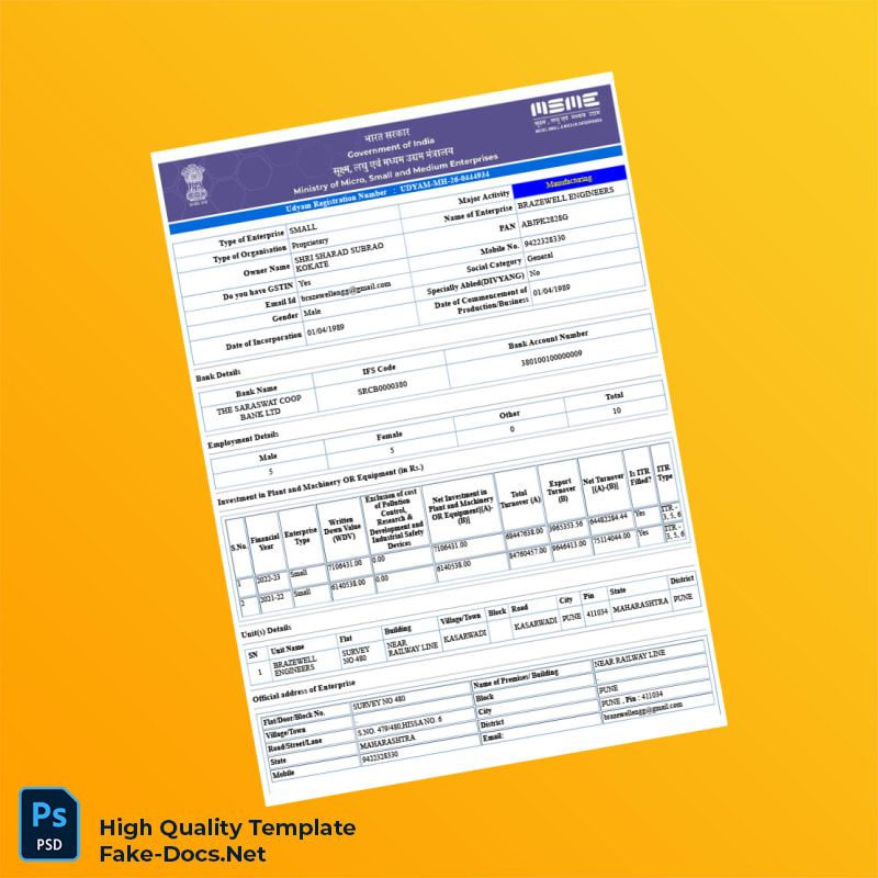 India MSME Department Udyam Registration Certificate Template in Word and PDF formats 3 page India MSME Department Udyam Registration Certificate Template in Word and PDF formats 3 page