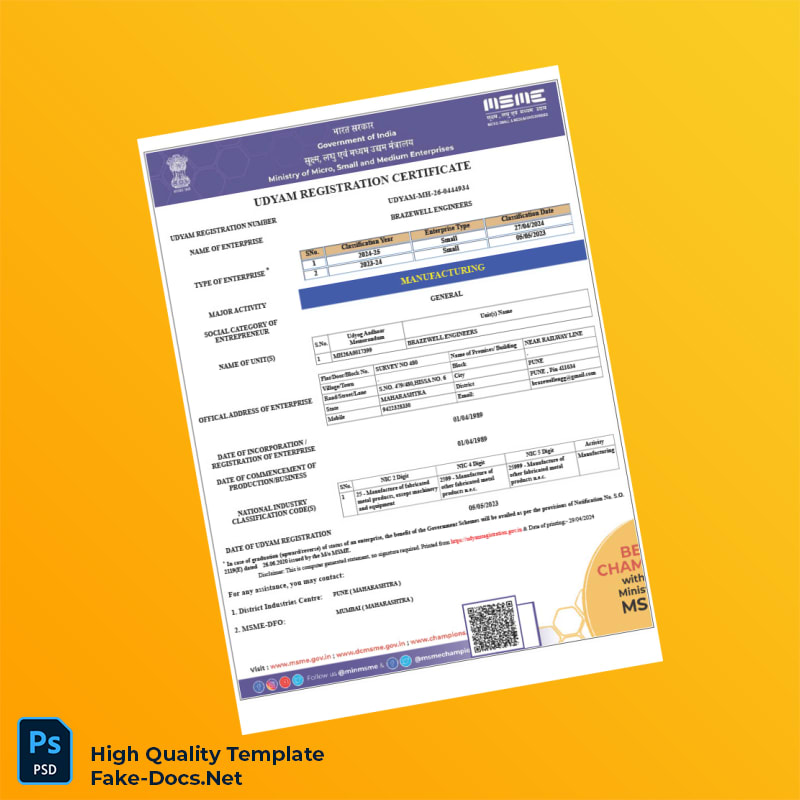 India MSME Department Udyam Registration Certificate Template in Word and PDF formats 3 page India MSME Department Udyam Registration Certificate Template in Word and PDF formats 3 page