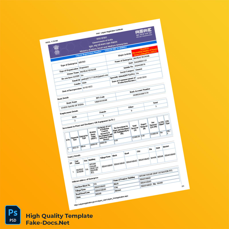 India MSME Development Institute Udyam Registration Certificate Template in Word and PDF formats 3 page India MSME Development Institute Udyam Registration Certificate Template in Word and PDF formats 3 page