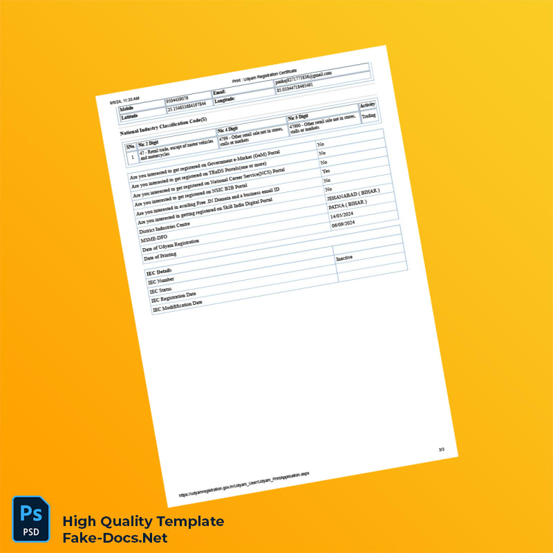 India MSME Development Institute Udyam Registration Certificate Template in Word and PDF formats 3 page India MSME Development Institute Udyam Registration Certificate Template in Word and PDF formats 3 page