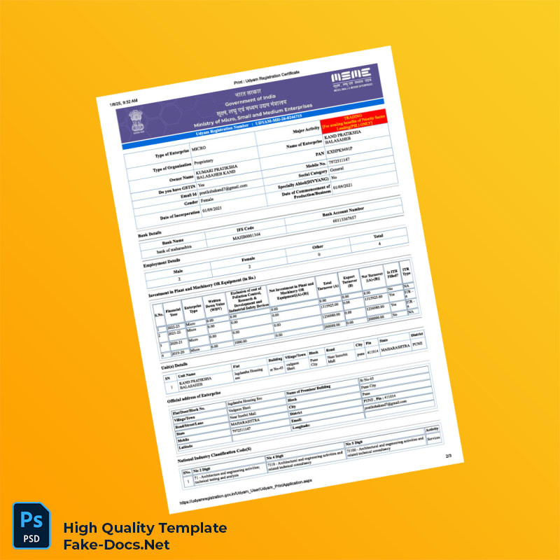 India MSME Editable Udyam Registration Certificate Template in Word and PDF formats 3 page India MSME Editable Udyam Registration Certificate Template in Word and PDF formats 3 page