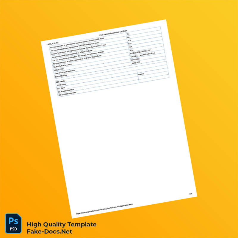 India MSME Editable Udyam Registration Certificate Template in Word and PDF formats 3 page India MSME Editable Udyam Registration Certificate Template in Word and PDF formats 3 page