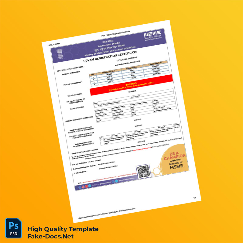 India MSME Editable Udyam Registration Certificate Template in Word and PDF formats 3 page India MSME Editable Udyam Registration Certificate Template in Word and PDF formats 3 page