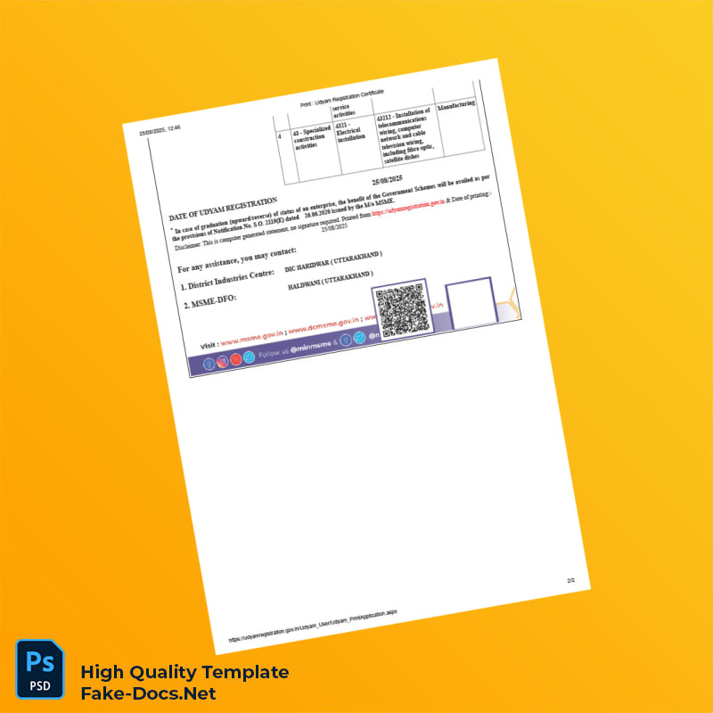 India MSME Ministry Udyam Registration Certificate Template in Word and PDF formats 2 page India MSME Ministry Udyam Registration Certificate Template in Word and PDF formats 2 page