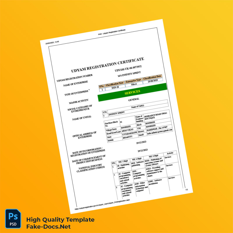 India MSME Ministry Udyam Registration Certificate Template in Word and PDF formats 2 page India MSME Ministry Udyam Registration Certificate Template in Word and PDF formats 2 page