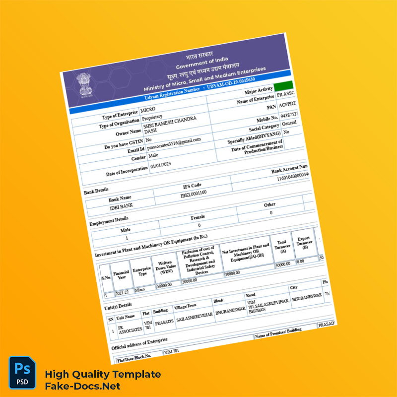India MSME Ministry of Micro Small and Medium Enterprises Udyam Registration Certificate Template in Word and PDF formats 4 page India MSME Ministry of Micro Small and Medium Enterprises Udyam Registration Certificate Template in Word and PDF formats 4 page