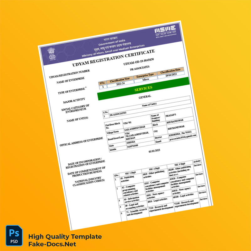 India MSME Ministry of Micro Small and Medium Enterprises Udyam Registration Certificate Template in Word and PDF formats 4 page India MSME Ministry of Micro Small and Medium Enterprises Udyam Registration Certificate Template in Word and PDF formats 4 page