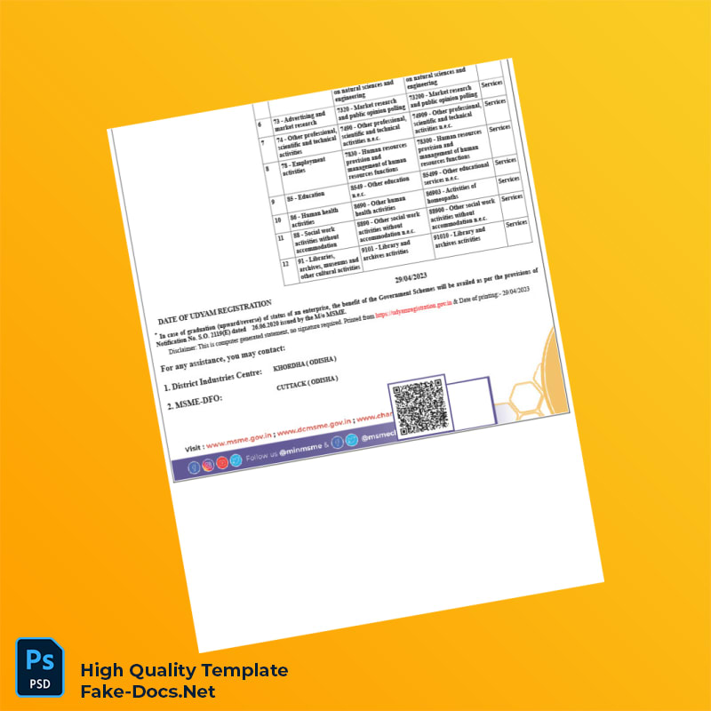 India MSME Udyam Registration Certificate Template in Word and PDF formats 2 page India MSME Udyam Registration Certificate Template in Word and PDF formats 2 page