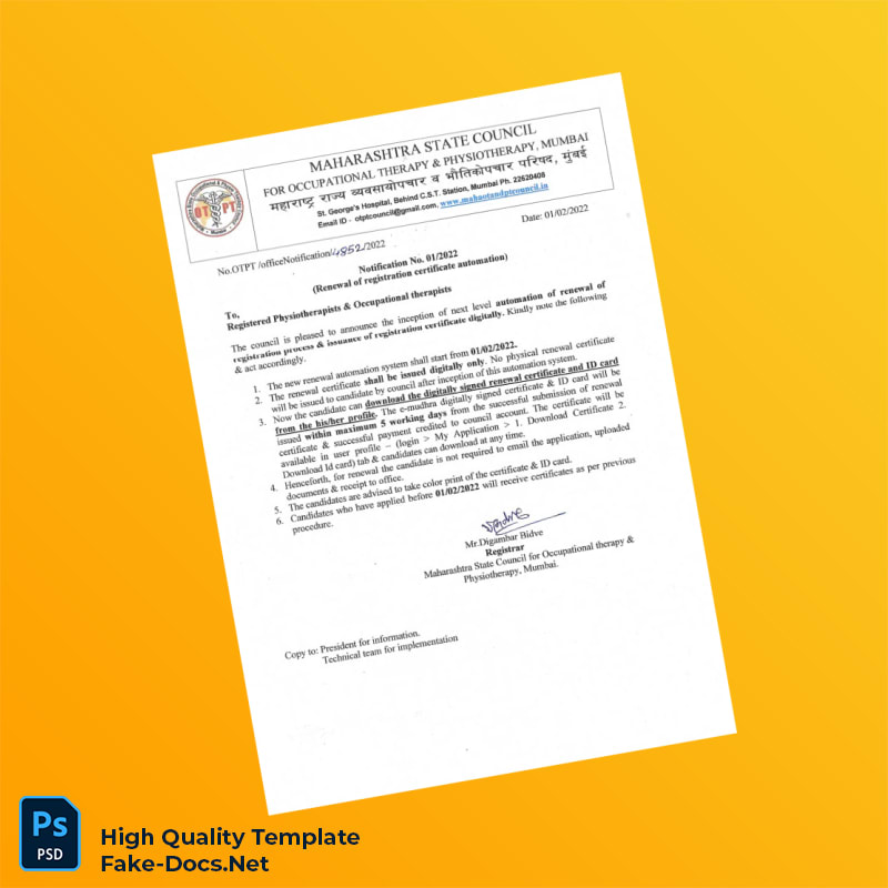 India Maharashtra State Council for Occupational Therapy and Physiotherapy Registration Certificate Template in Word and PDF for India Maharashtra State Council for Occupational Therapy and Physiotherapy Registration Certificate Template in Word and PDF for