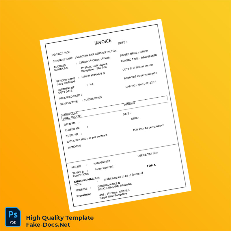 India Mercury Car Rentals Invoice Template in Word and PDF formats 2 page India Mercury Car Rentals Invoice Template in Word and PDF formats 2 page