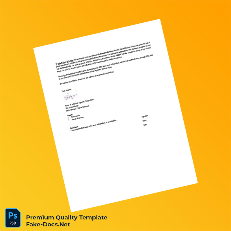 India Mervice Infotech Pvt Ltd Appointment Letter Template (Word & PDF) 6 page India Mervice Infotech Pvt Ltd Appointment Letter Template (Word & PDF) 6 page