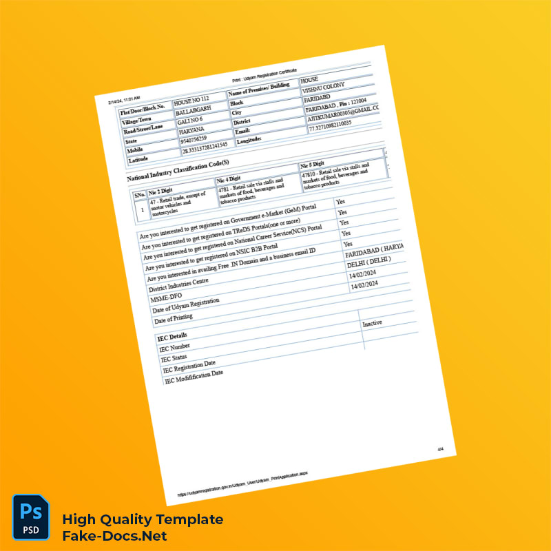 India Ministry of Commerce Editable Udyam Registration Certificate Template in Word and PDF formats 4 page India Ministry of Commerce Editable Udyam Registration Certificate Template in Word and PDF formats 4 page
