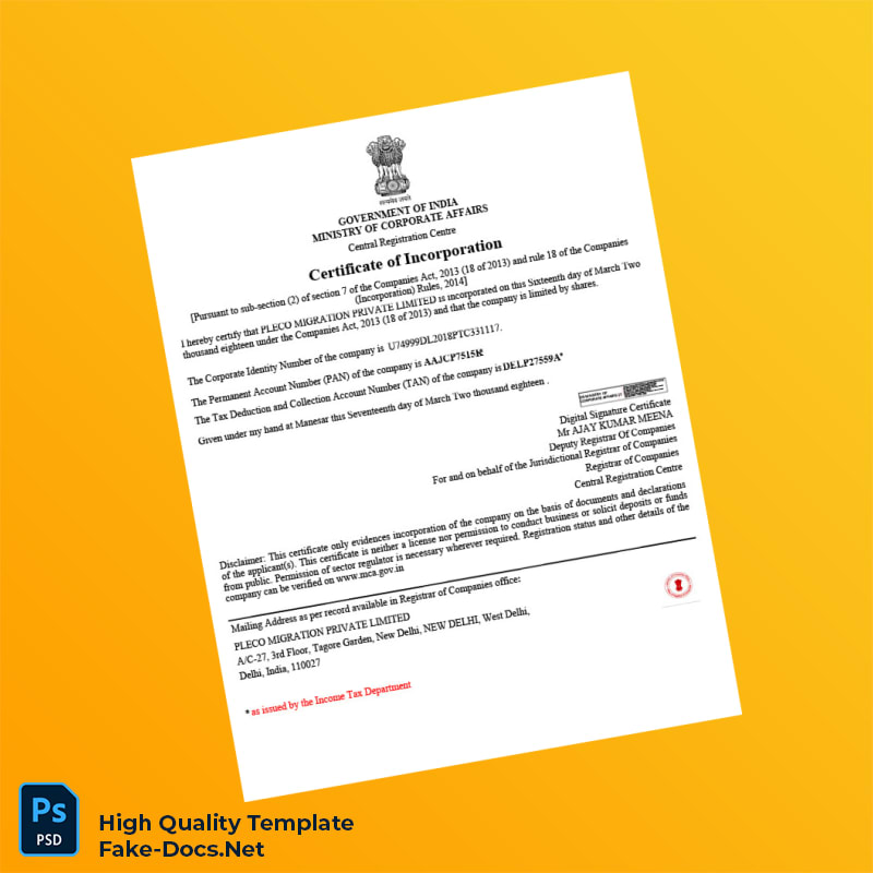 India Ministry of Corporate Affairs Certificate of Incorporation Template in Word and PDF formats India Ministry of Corporate Affairs Certificate of Incorporation Template in Word and PDF formats