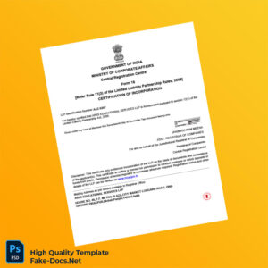 India Ministry of Corporate Affairs Registration Certificate Template in Word and PDF formats