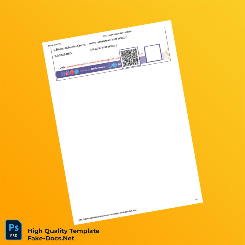 India Ministry of MSME Editable Udyam Registration Certificate Template in Word and PDF formats 4 page India Ministry of MSME Editable Udyam Registration Certificate Template in Word and PDF formats 4 page