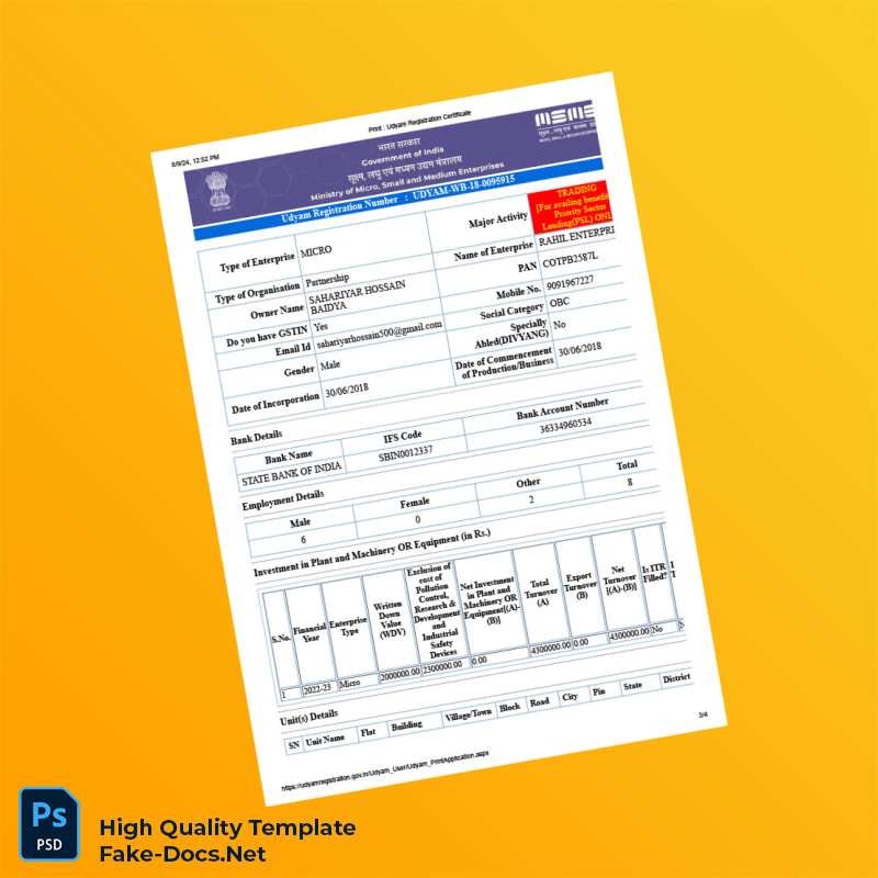India Ministry of MSME Editable Udyam Registration Certificate Template in Word and PDF formats 4 page India Ministry of MSME Editable Udyam Registration Certificate Template in Word and PDF formats 4 page