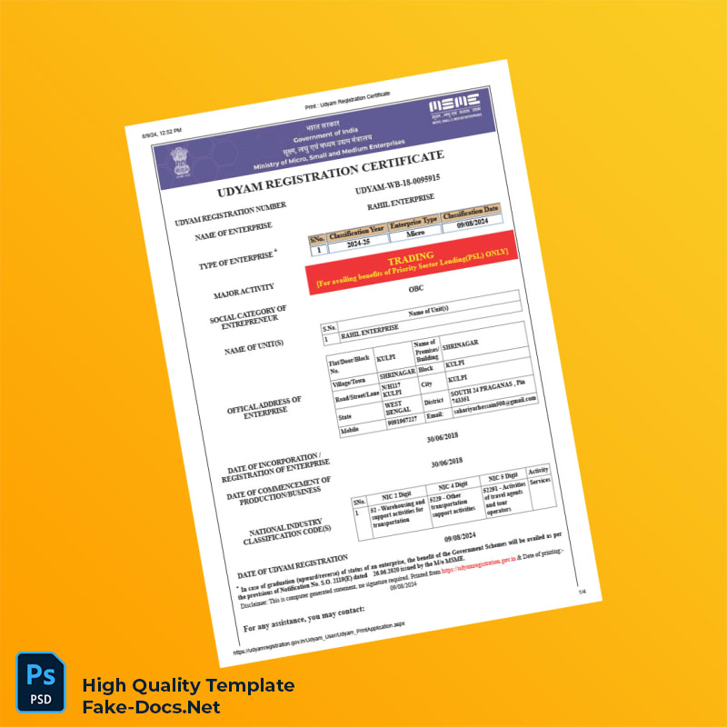 India Ministry of MSME Editable Udyam Registration Certificate Template in Word and PDF formats 4 page India Ministry of MSME Editable Udyam Registration Certificate Template in Word and PDF formats 4 page