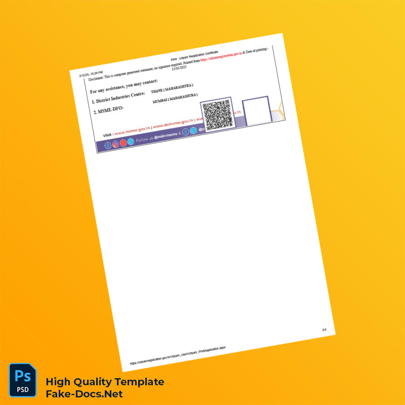 India Ministry of MSME Udyam Registration Certificate Template in Word and PDF formats 4 page India Ministry of MSME Udyam Registration Certificate Template in Word and PDF formats 4 page
