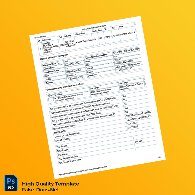 India Ministry of Micro Small and Medium Enterprises Editable MSME Registration Certificate Template in Word and PDF formats 4 page India Ministry of Micro Small and Medium Enterprises Editable MSME Registration Certificate Template in Word and PDF formats 4 page