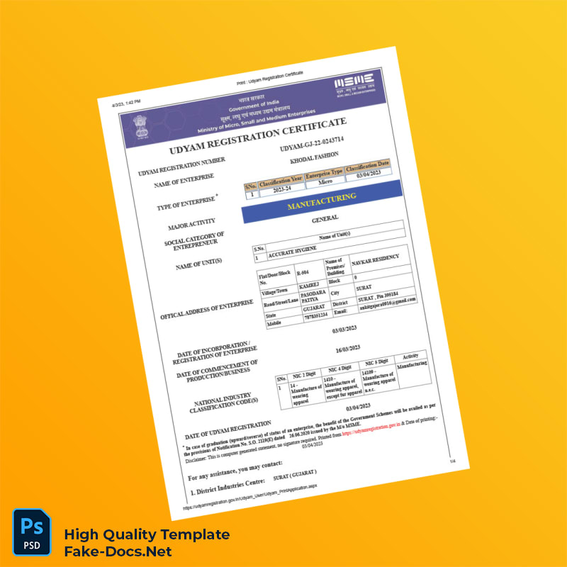 India Ministry of Micro Small and Medium Enterprises Editable Udyam Registration Certificate Template in Word and PDF formats 4 page India Ministry of Micro Small and Medium Enterprises Editable Udyam Registration Certificate Template in Word and PDF formats 4 page