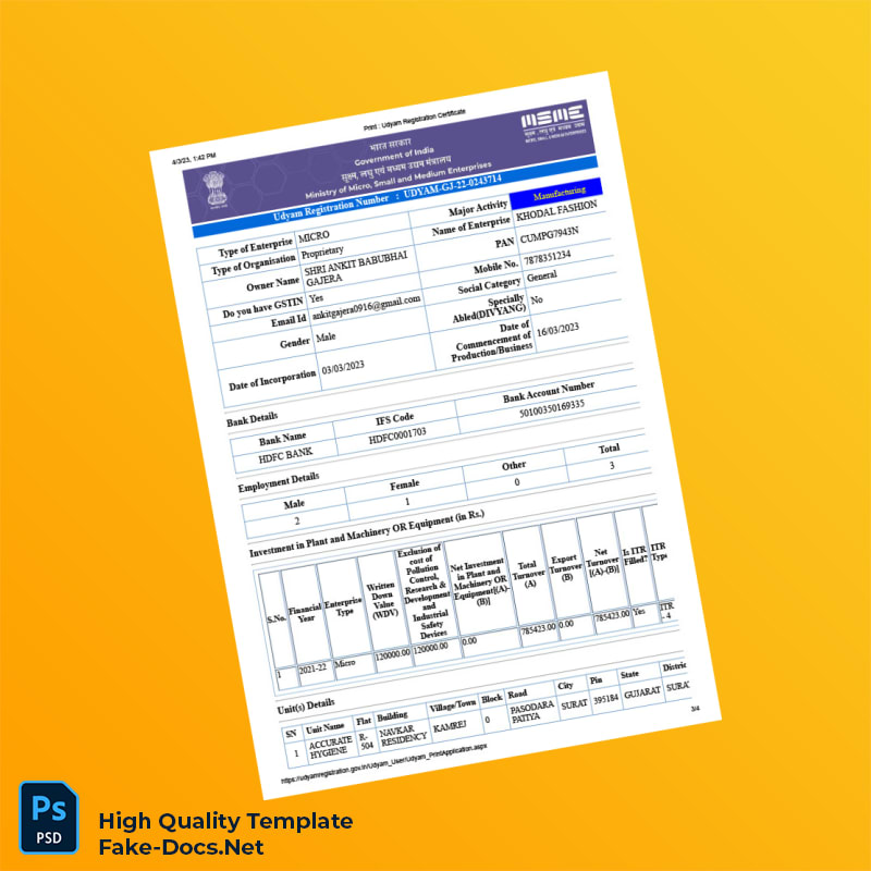 India Ministry of Micro Small and Medium Enterprises Editable Udyam Registration Certificate Template in Word and PDF formats 4 page India Ministry of Micro Small and Medium Enterprises Editable Udyam Registration Certificate Template in Word and PDF formats 4 page