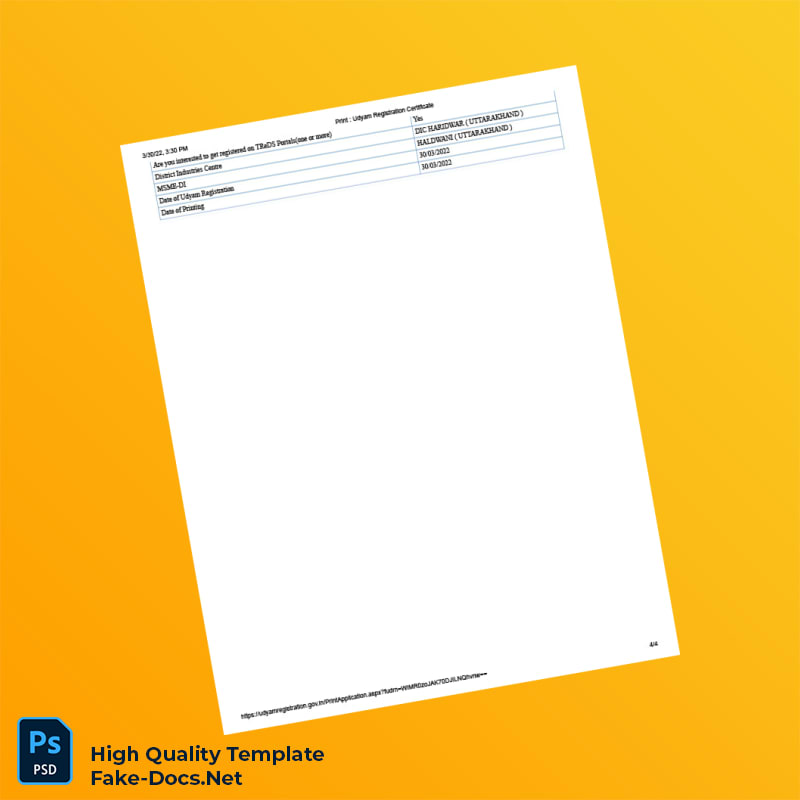 India Ministry of Micro Small and Medium Enterprises MSME Registration Certificate Template in Word and PDF formats 4 page India Ministry of Micro Small and Medium Enterprises MSME Registration Certificate Template in Word and PDF formats 4 page