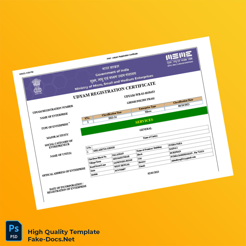 India Ministry of Micro Small and Medium Enterprises Udyam Registration Certificate Template in Word and PDF formats 5 page India Ministry of Micro Small and Medium Enterprises Udyam Registration Certificate Template in Word and PDF formats 5 page