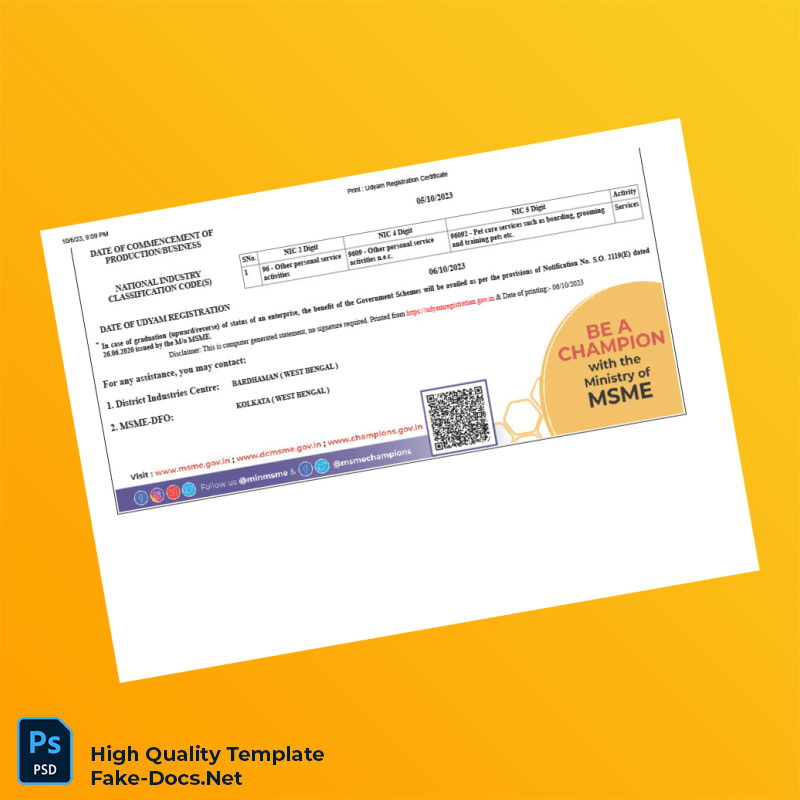 India Ministry of Micro Small and Medium Enterprises Udyam Registration Certificate Template in Word and PDF formats 5 page India Ministry of Micro Small and Medium Enterprises Udyam Registration Certificate Template in Word and PDF formats 5 page