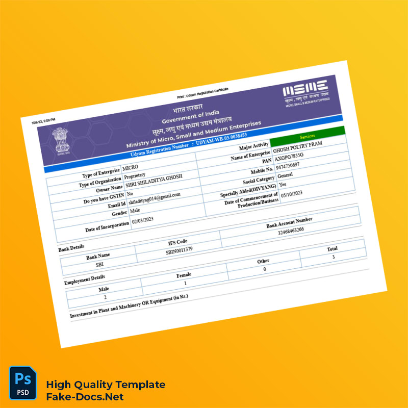 India Ministry of Micro Small and Medium Enterprises Udyam Registration Certificate Template in Word and PDF formats 5 page India Ministry of Micro Small and Medium Enterprises Udyam Registration Certificate Template in Word and PDF formats 5 page