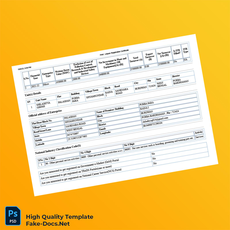 India Ministry of Micro Small and Medium Enterprises Udyam Registration Certificate Template in Word and PDF formats 5 page India Ministry of Micro Small and Medium Enterprises Udyam Registration Certificate Template in Word and PDF formats 5 page