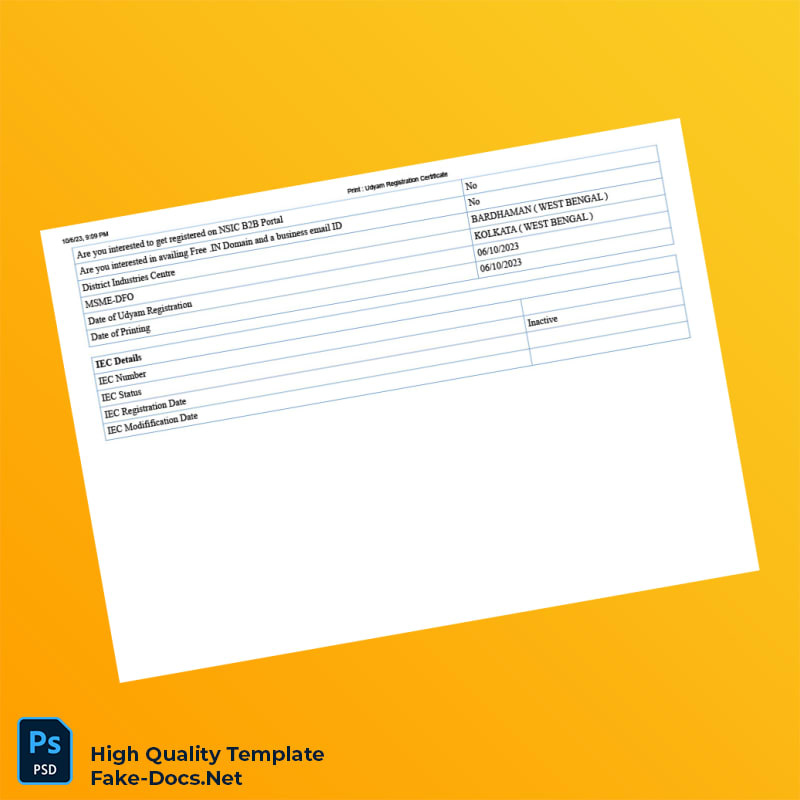 India Ministry of Micro Small and Medium Enterprises Udyam Registration Certificate Template in Word and PDF formats 5 page India Ministry of Micro Small and Medium Enterprises Udyam Registration Certificate Template in Word and PDF formats 5 page