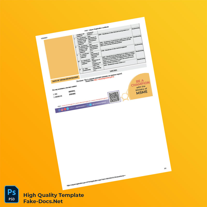 India Ministry of Micro Small and Medium Enterprises Udyam Registration Certificate in Word and PDF formats 2 page India Ministry of Micro Small and Medium Enterprises Udyam Registration Certificate in Word and PDF formats 2 page