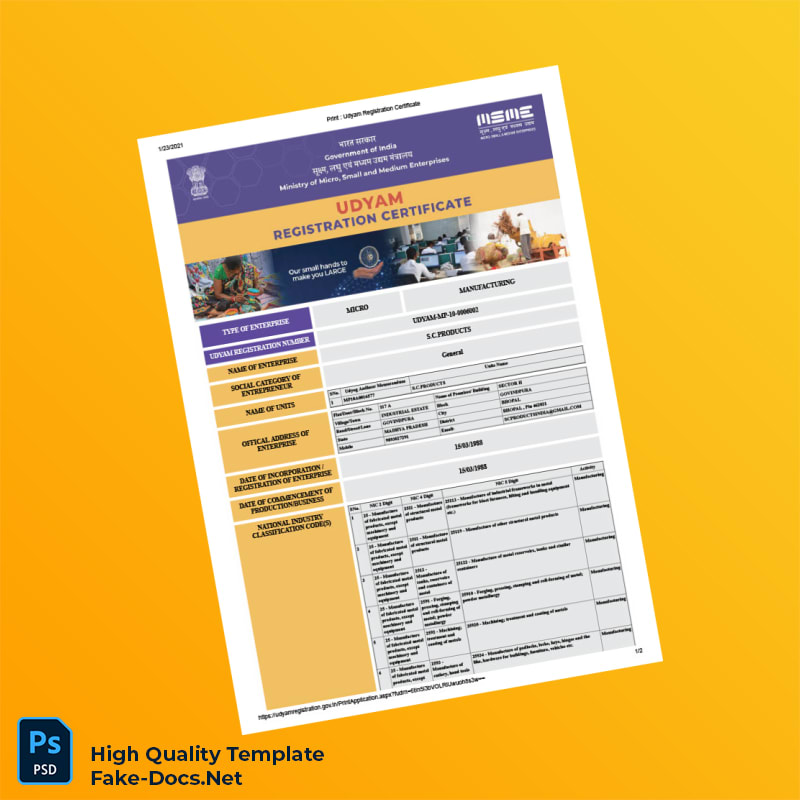 India Ministry of Micro Small and Medium Enterprises Udyam Registration Certificate in Word and PDF formats 2 page India Ministry of Micro Small and Medium Enterprises Udyam Registration Certificate in Word and PDF formats 2 page