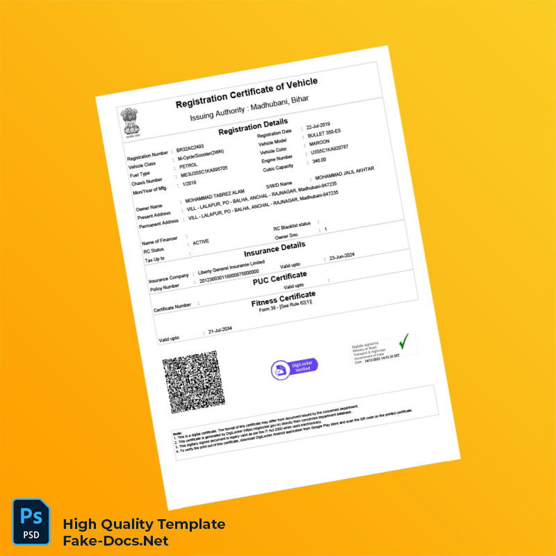 India Ministry of Road Transport and Highways Vehicle Registration Certificate Template in Word and PDF formats India Ministry of Road Transport and Highways Vehicle Registration Certificate Template in Word and PDF formats