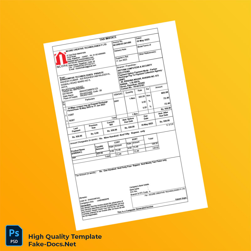 India Ncore Creative Technologies Tax Invoice Template in Word and PDF formats India Ncore Creative Technologies Tax Invoice Template in Word and PDF formats