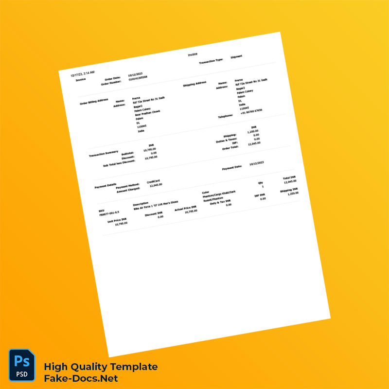 India Nike Invoice Template in Word and PDF formats 2 page India Nike Invoice Template in Word and PDF formats 2 page