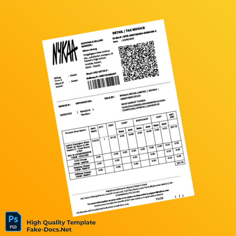 India Nykaa E-Retail Limited Invoice Template in Word and PDF formats 2 page India Nykaa E-Retail Limited Invoice Template in Word and PDF formats 2 page