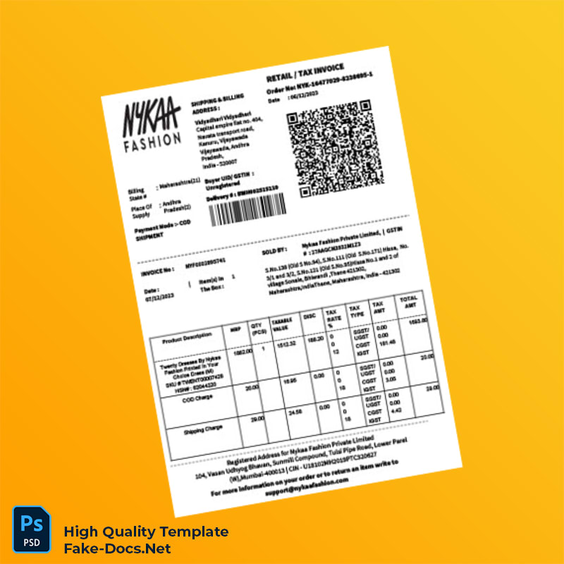 India Nykaa Fashion Invoice Template in Word and PDF formats 2 page India Nykaa Fashion Invoice Template in Word and PDF formats 2 page