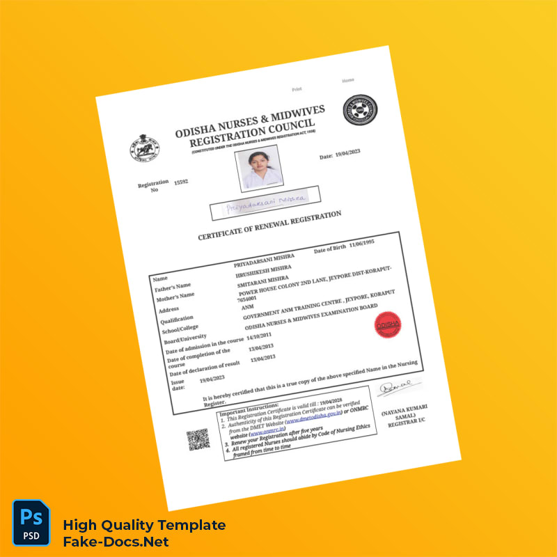 India Odisha Nurses Midwives Registration Council Renewal Registration Certificate Template in Word and PDF formats India Odisha Nurses Midwives Registration Council Renewal Registration Certificate Template in Word and PDF formats
