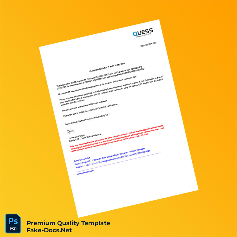 India Quess General Staffing Employment Verification Letter Template (Word & PDF) India Quess General Staffing Employment Verification Letter Template (Word & PDF)