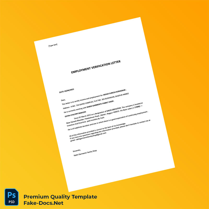 India Rakhi Garments Family Shop Employment Verification Letter Template (Word & PDF) India Rakhi Garments Family Shop Employment Verification Letter Template (Word & PDF)