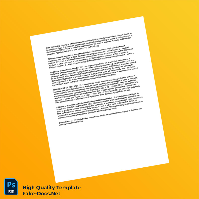 India Sales Tax Department Editable CST Registration Certificate Template in Word and PDF formats 2 page India Sales Tax Department Editable CST Registration Certificate Template in Word and PDF formats 2 page