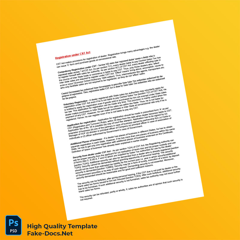 India Sales Tax Department Editable CST Registration Certificate Template in Word and PDF formats 2 page India Sales Tax Department Editable CST Registration Certificate Template in Word and PDF formats 2 page