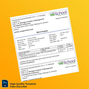India Shikshana Prasaraka Mandali s Prin L N Welingkar Institute Of Management Development Research Bill of Supply Template in W 3 page